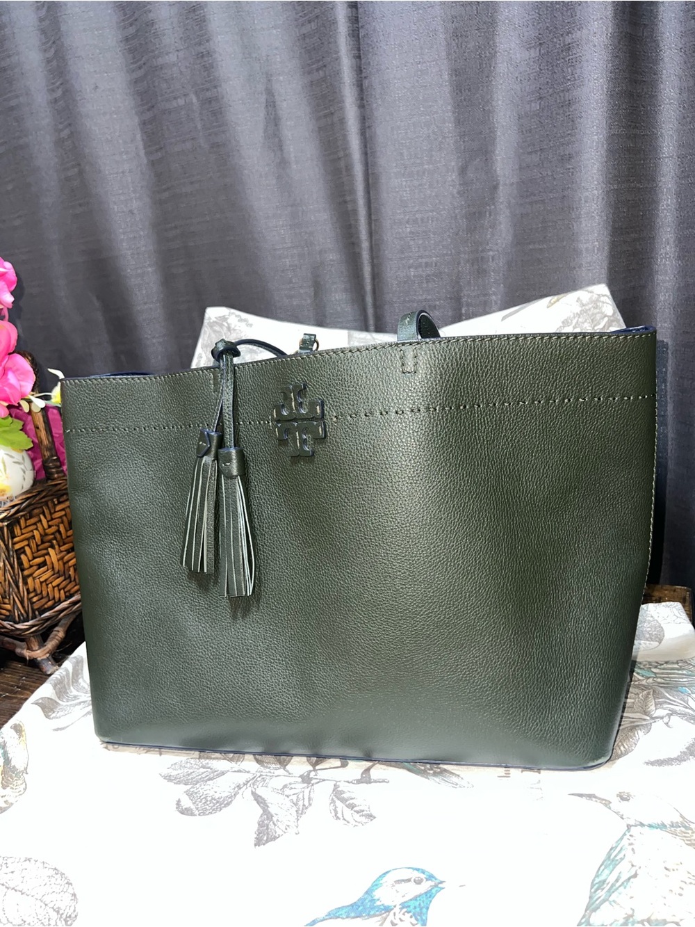 Tory Burch Boxwood Olive Green Pebbled Leather Tassel Tote Purse Bag